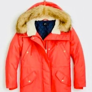 J.Crew Perfect Winter Waxed Canvas Parka Primaloft Faux Fur Red